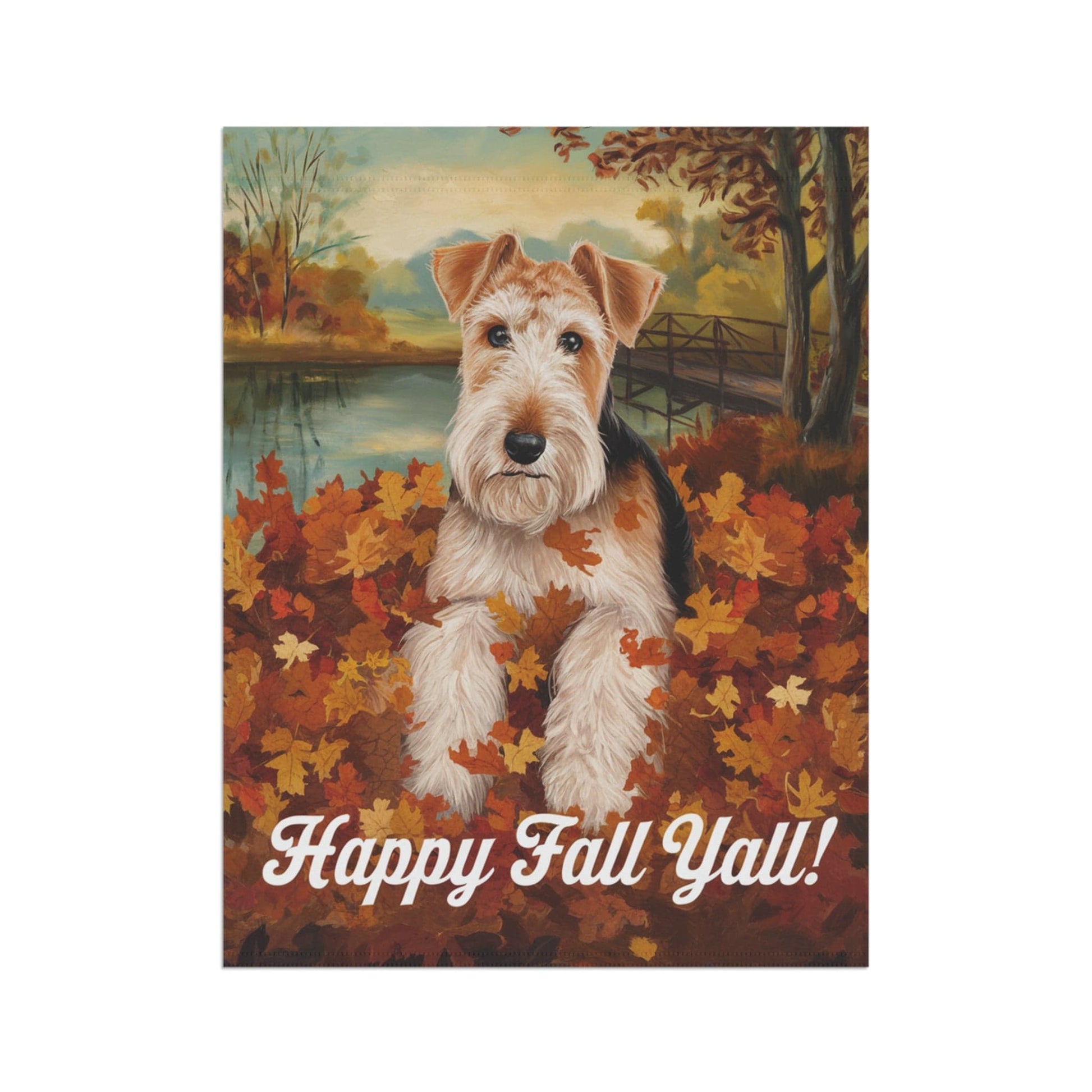 Printify Home Decor Outdoor Flag, Funny Airedale Terrier Yard Decor, Fall Leaf Dog Gift, Housewarming Banner, Dog Mom Dad, Pile of Leaves, Garden Decoration,