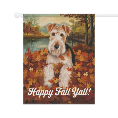 Printify Home Decor Outdoor Flag, Funny Airedale Terrier Yard Decor, Fall Leaf Dog Gift, Housewarming Banner, Dog Mom Dad, Pile of Leaves, Garden Decoration,