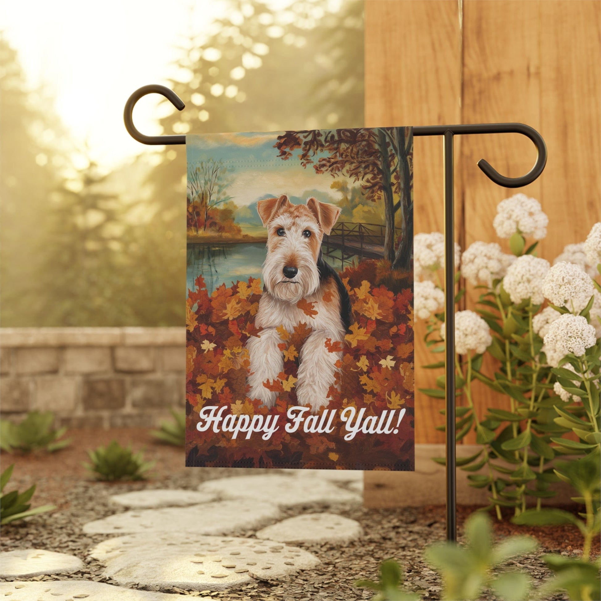 Printify Home Decor Outdoor Flag, Funny Airedale Terrier Yard Decor, Fall Leaf Dog Gift, Housewarming Banner, Dog Mom Dad, Pile of Leaves, Garden Decoration,
