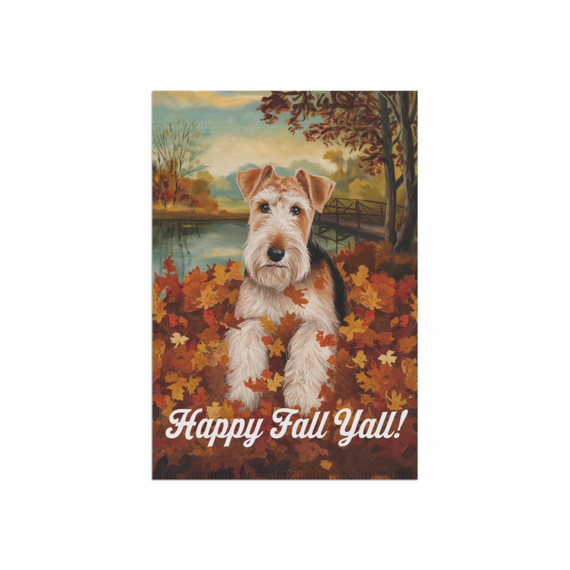 Printify Home Decor Outdoor Flag, Funny Airedale Terrier Yard Decor, Fall Leaf Dog Gift, Housewarming Banner, Dog Mom Dad, Pile of Leaves, Garden Decoration,