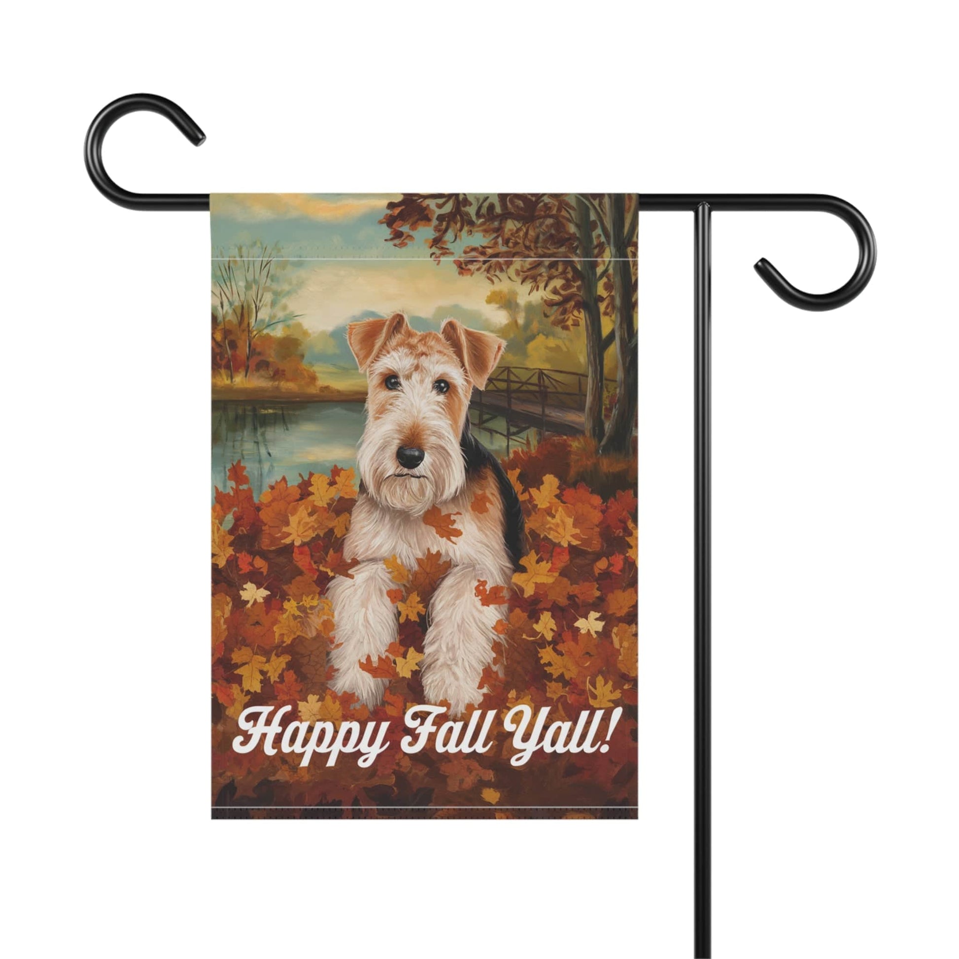 Printify Home Decor Outdoor Flag, Funny Airedale Terrier Yard Decor, Fall Leaf Dog Gift, Housewarming Banner, Dog Mom Dad, Pile of Leaves, Garden Decoration,