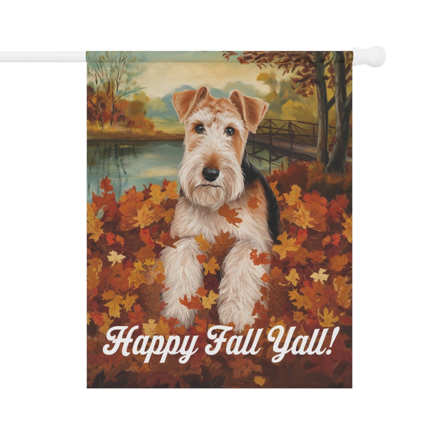 Printify Home Decor 24.5'' × 32'' Outdoor Flag, Funny Airedale Terrier Yard Decor, Fall Leaf Dog Gift, Housewarming Banner, Dog Mom Dad, Pile of Leaves, Garden Decoration,