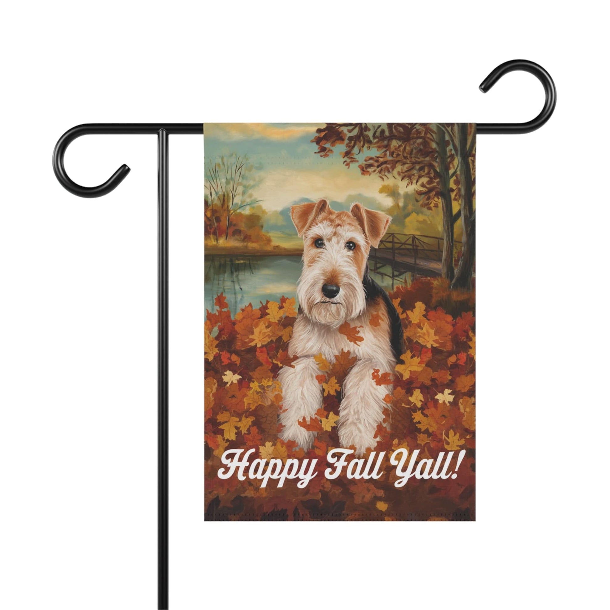Printify Home Decor 12'' × 18'' Outdoor Flag, Funny Airedale Terrier Yard Decor, Fall Leaf Dog Gift, Housewarming Banner, Dog Mom Dad, Pile of Leaves, Garden Decoration,