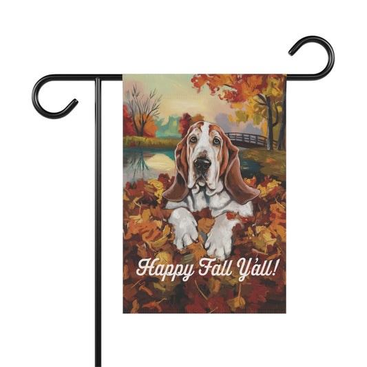 Printify Home Decor 12'' × 18'' Outdoor Flag, Funny Basset Hound Yard Decor, Fall Leaf Dog Gift