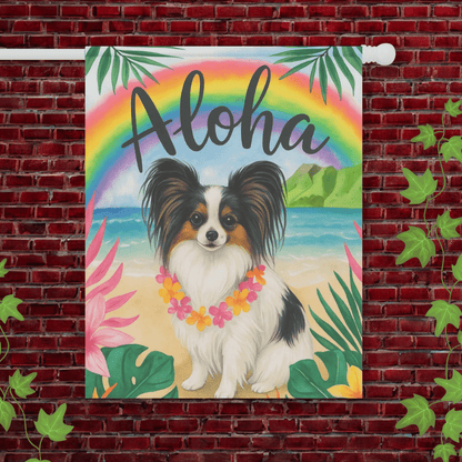 Printify Garden Flag 24.5'' × 32'' Papillon Dog Aloha Luau Garden Flag