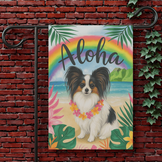 Printify Garden Flag 12'' × 18'' Papillon Dog Aloha Luau Garden Flag