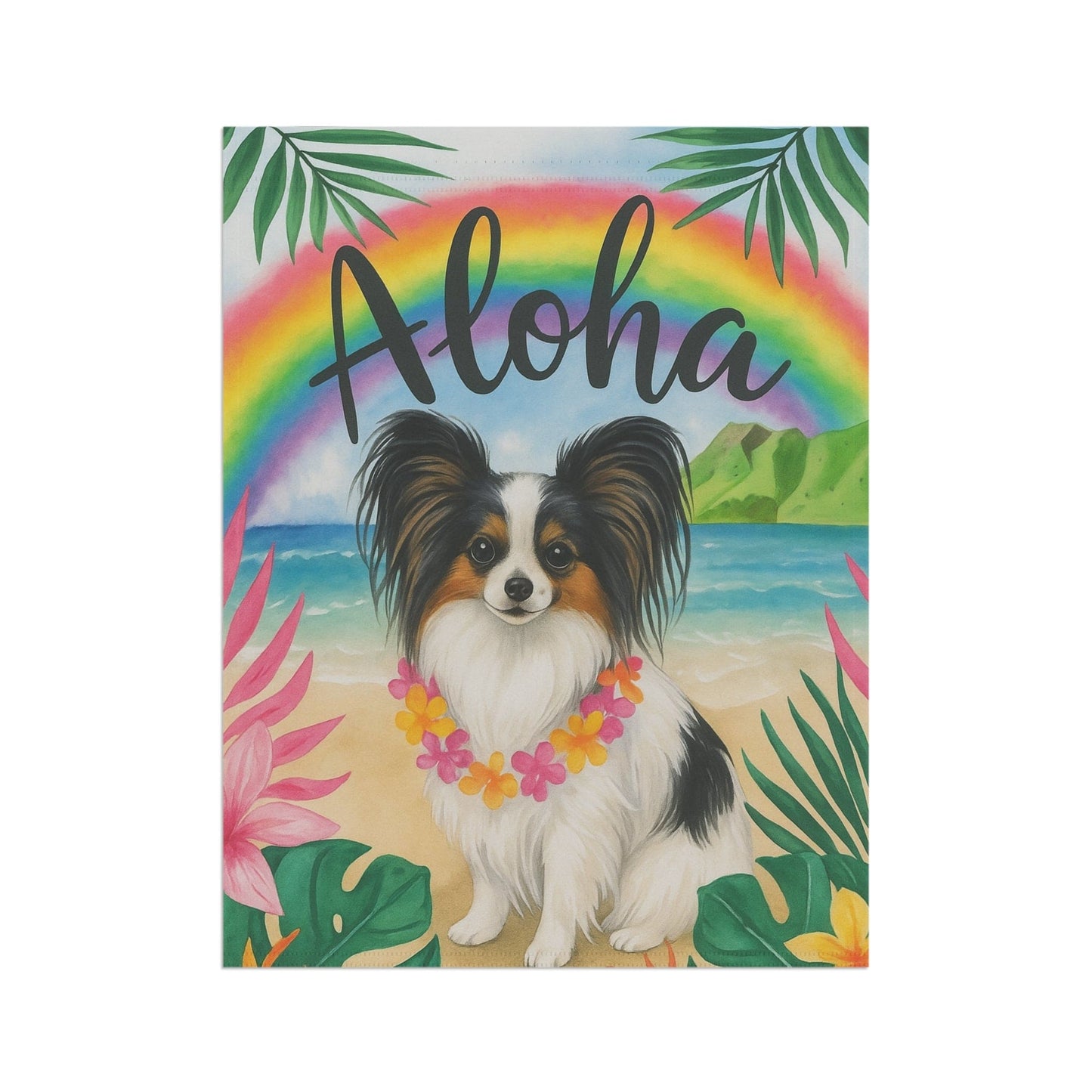 Printify Garden Flag Papillon Dog Aloha Luau Garden Flag