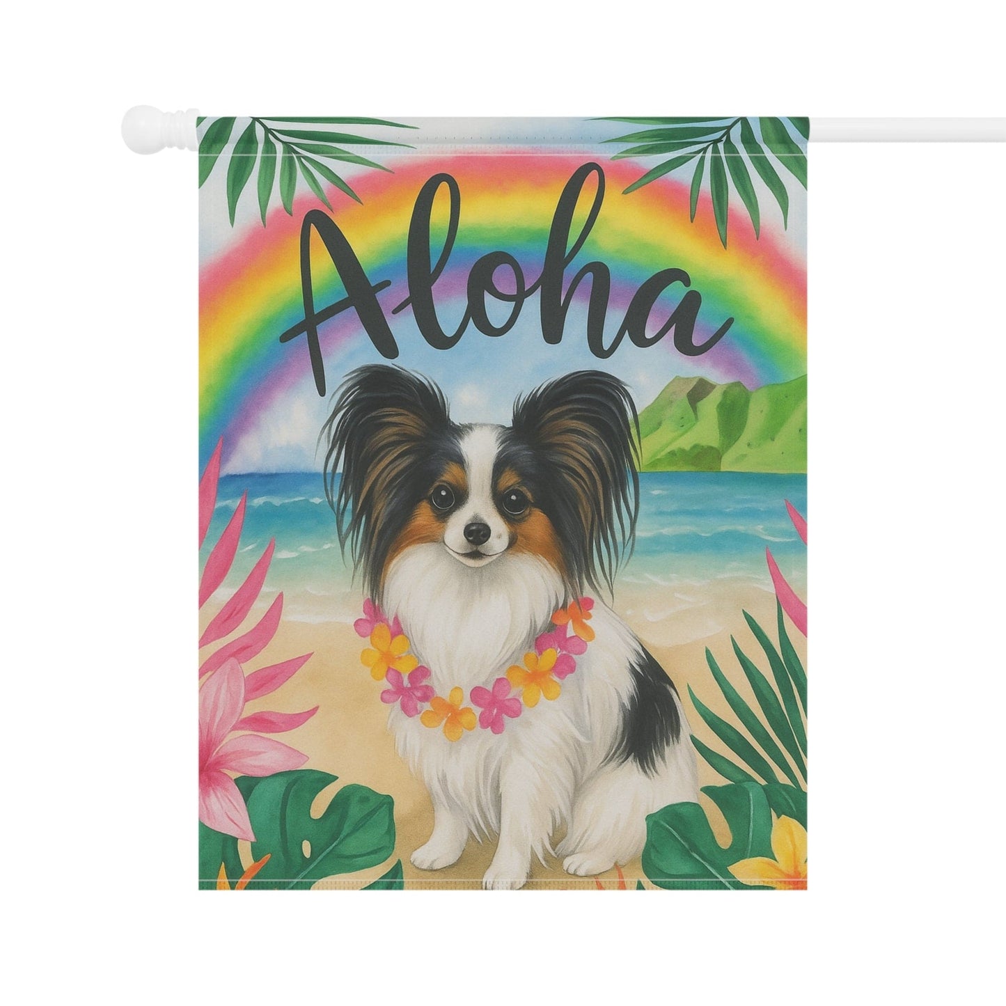 Printify Garden Flag Papillon Dog Aloha Luau Garden Flag