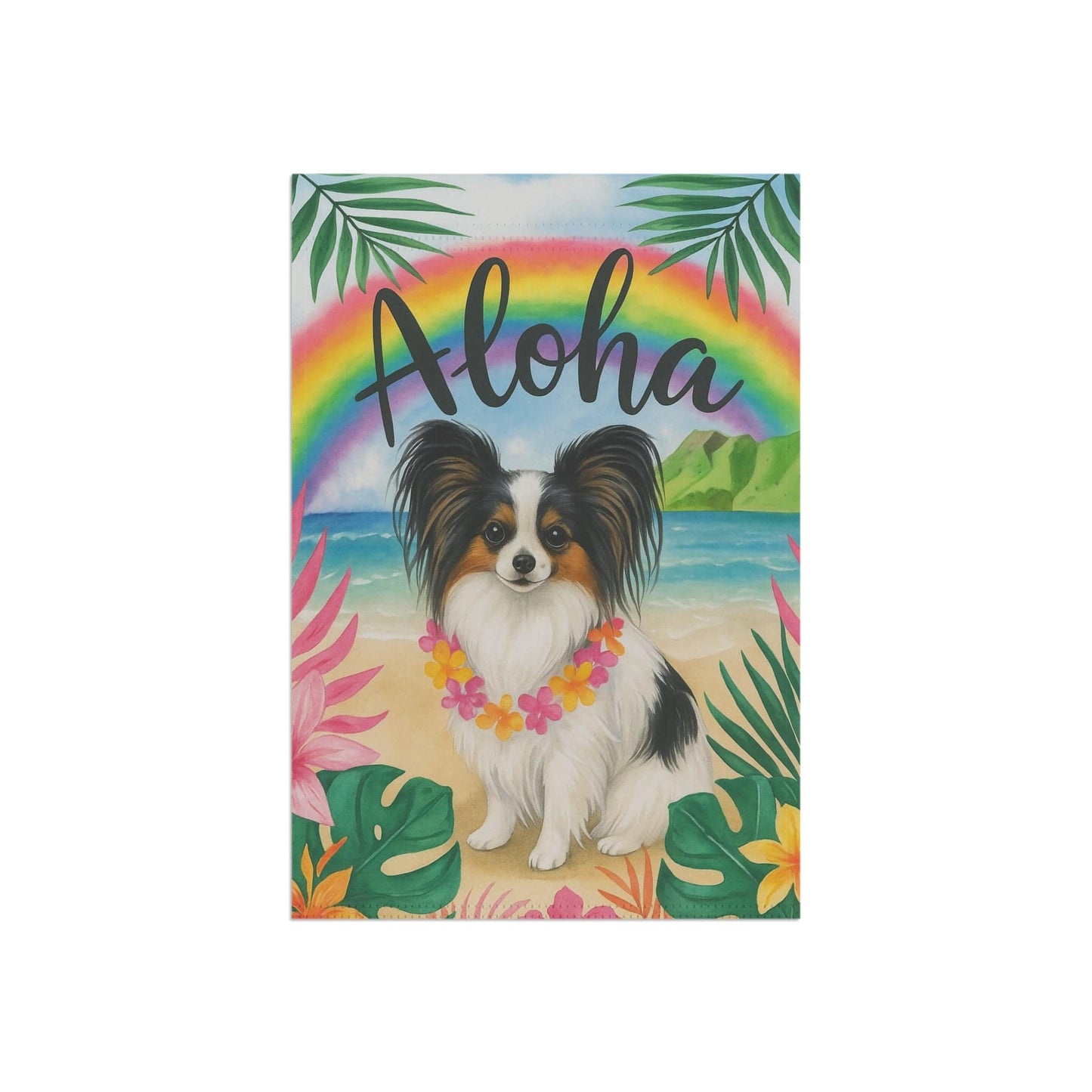 Printify Garden Flag Papillon Dog Aloha Luau Garden Flag