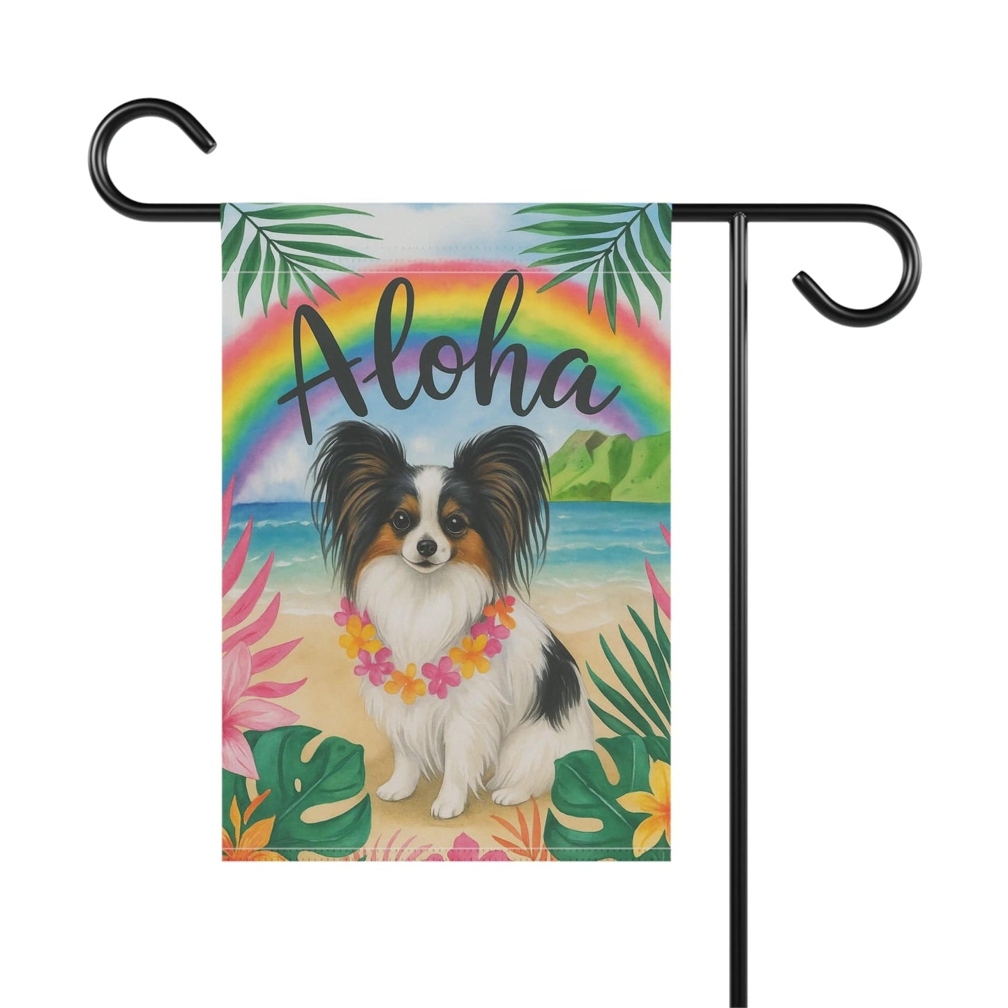 Printify Garden Flag Papillon Dog Aloha Luau Garden Flag