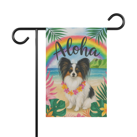 Printify Garden Flag Papillon Dog Aloha Luau Garden Flag