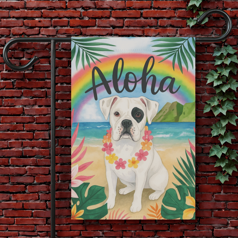 Printify Garden Flag 12'' × 18'' Patched Boxer Dog Aloha Luau Garden Flag