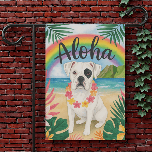 Printify Garden Flag 12'' × 18'' Patched Boxer Dog Aloha Luau Garden Flag