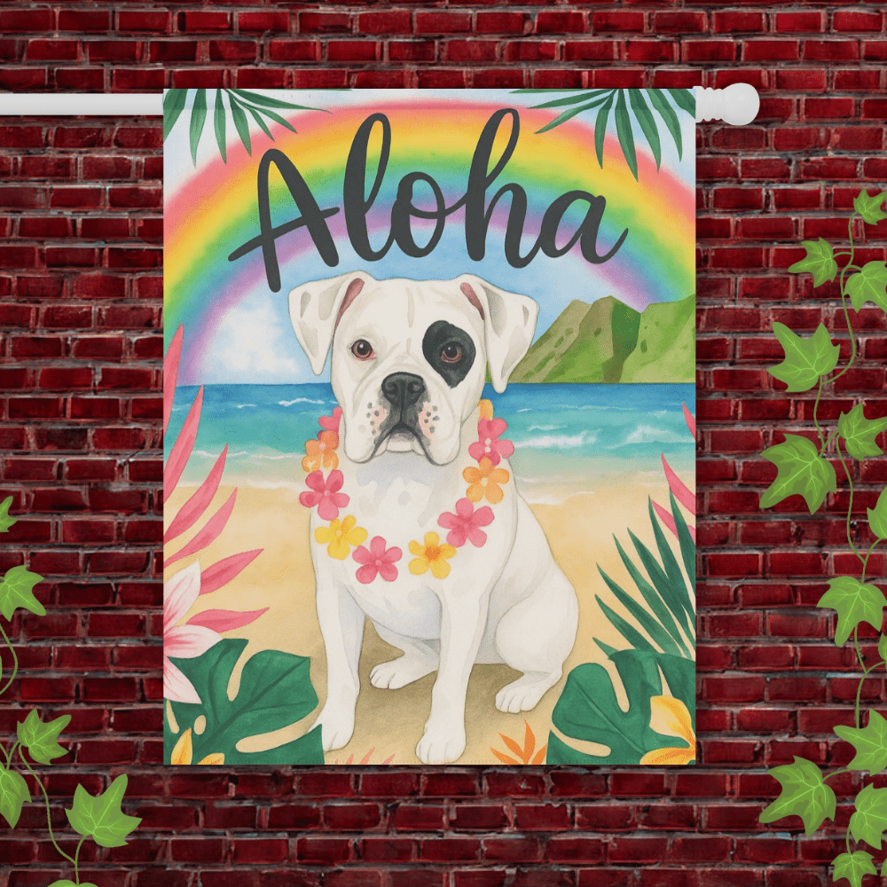 Printify Garden Flag 24.5'' × 32'' Patched Boxer Dog Aloha Luau Garden Flag