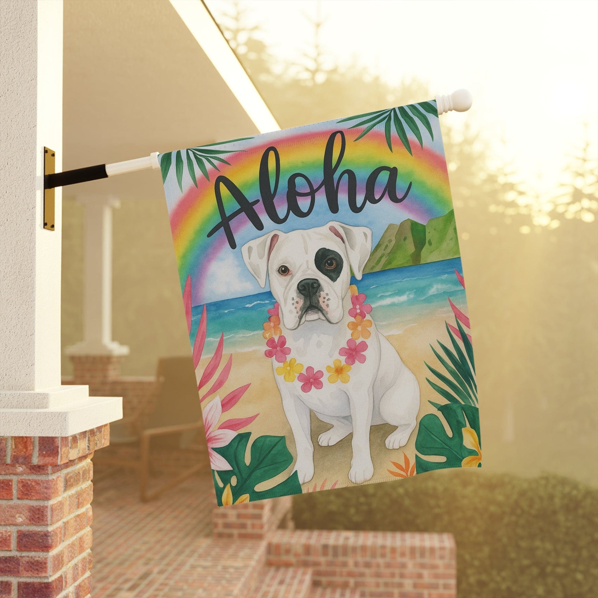 Printify Garden Flag Patched Boxer Dog Aloha Luau Garden Flag