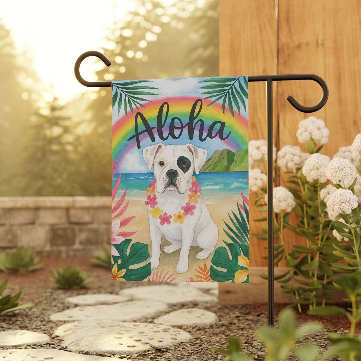 Printify Garden Flag Patched Boxer Dog Aloha Luau Garden Flag