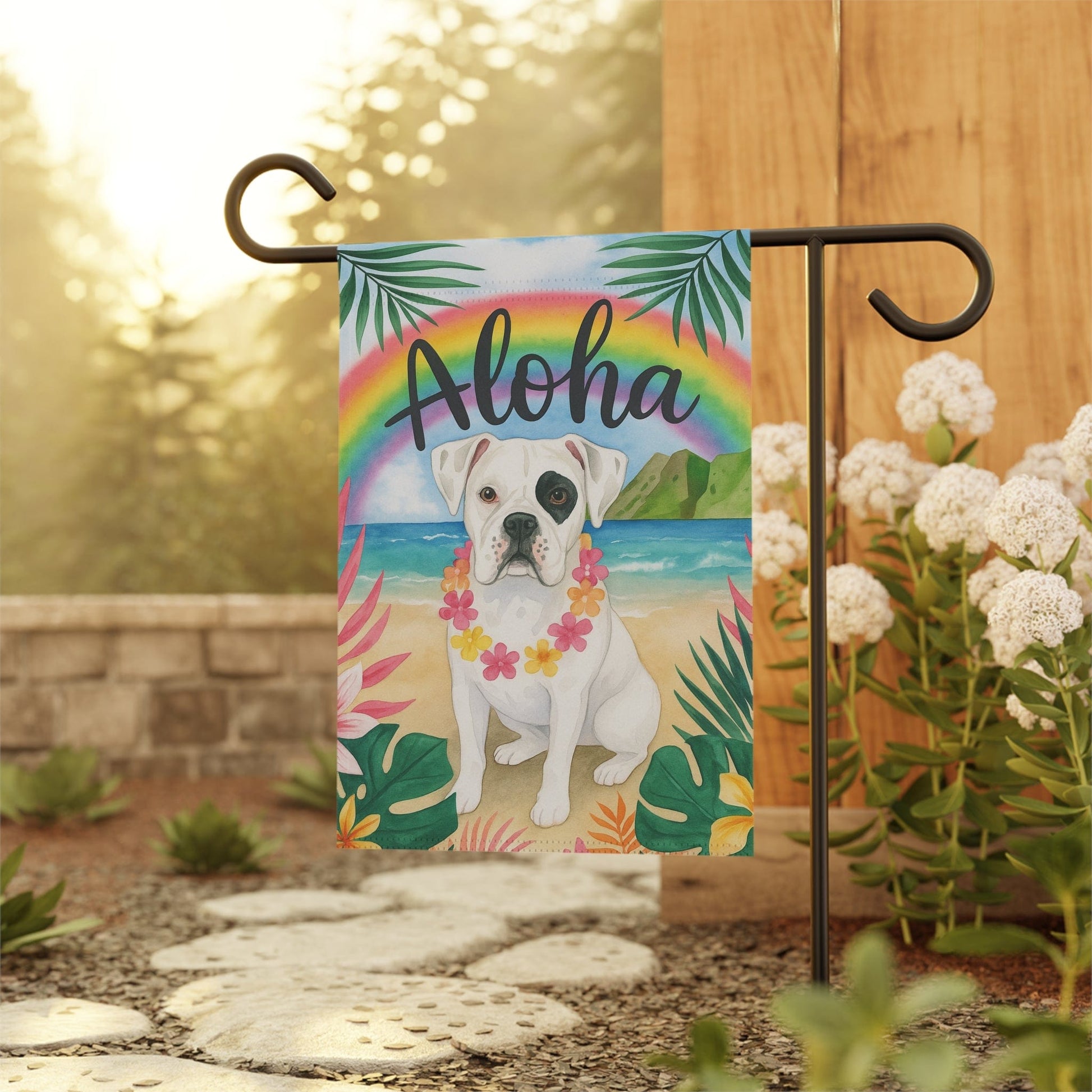 Printify Garden Flag Patched Boxer Dog Aloha Luau Garden Flag