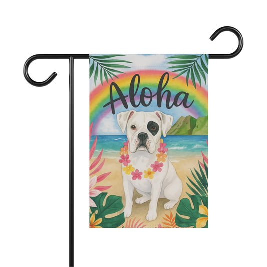 Printify Garden Flag Patched Boxer Dog Aloha Luau Garden Flag