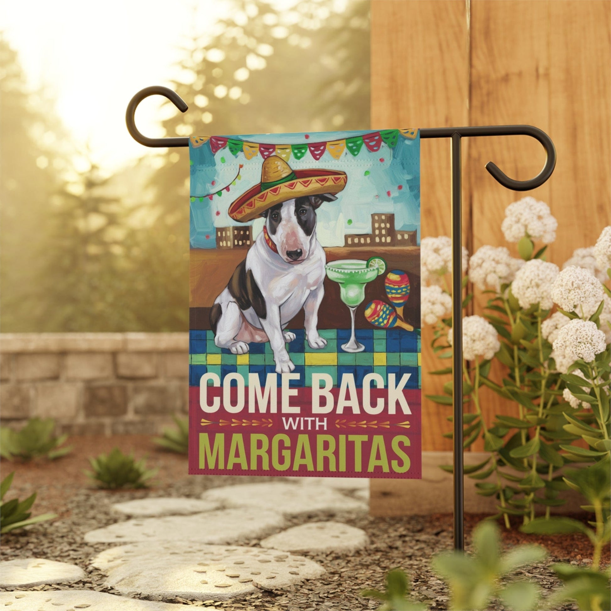 Printify Home Decor Patched Bull Terrier Dog Garden Flag, Cinco de Mayo Fiesta, Margarita Drinking Decor, Front Yard Spring
