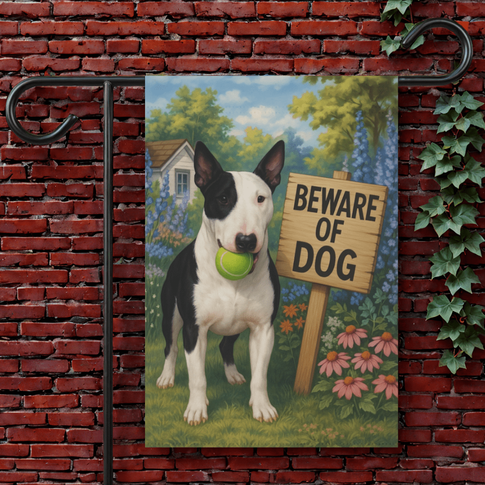 Printify Garden Flag Patched Bull Terrier Funny Beware Garden Flag