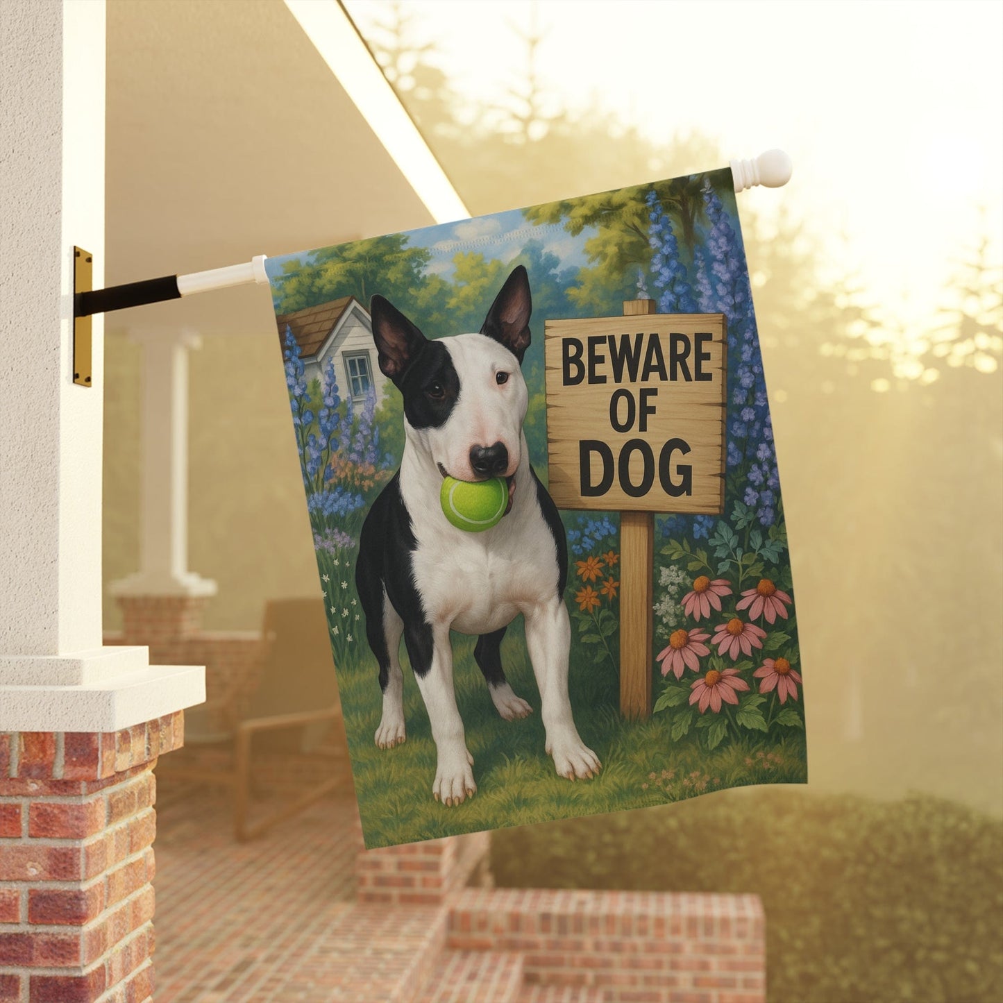 Printify Garden Flag Patched Bull Terrier Funny Beware Garden Flag