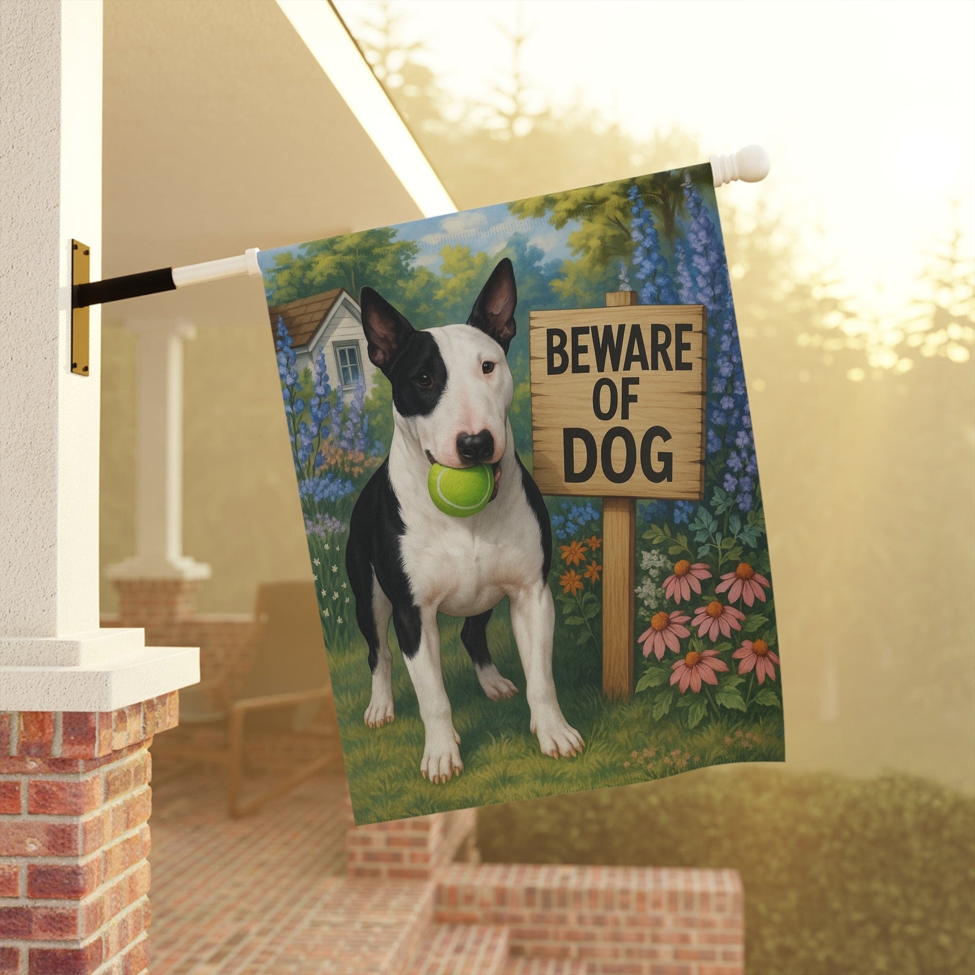 Printify Garden Flag Patched Bull Terrier Funny Beware Garden Flag