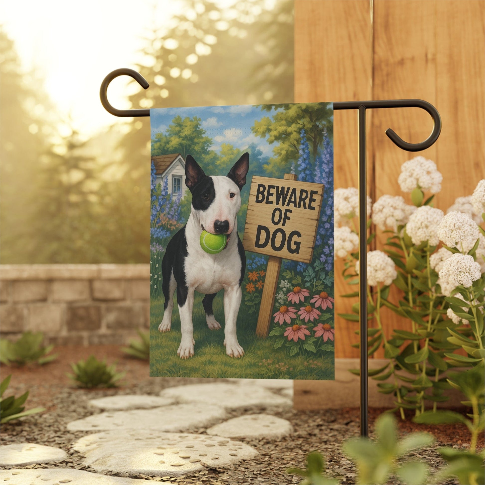 Printify Garden Flag Patched Bull Terrier Funny Beware Garden Flag