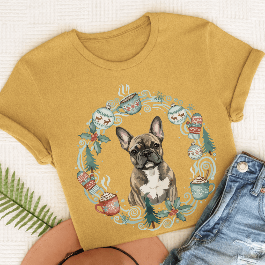 Personalizable Frenchie Christmas Wreath Tshirt Comfort Colors Mustard