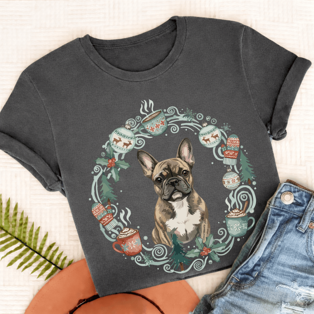 Personalizable Frenchie Christmas Wreath Tshirt Comfort Colors Pepper