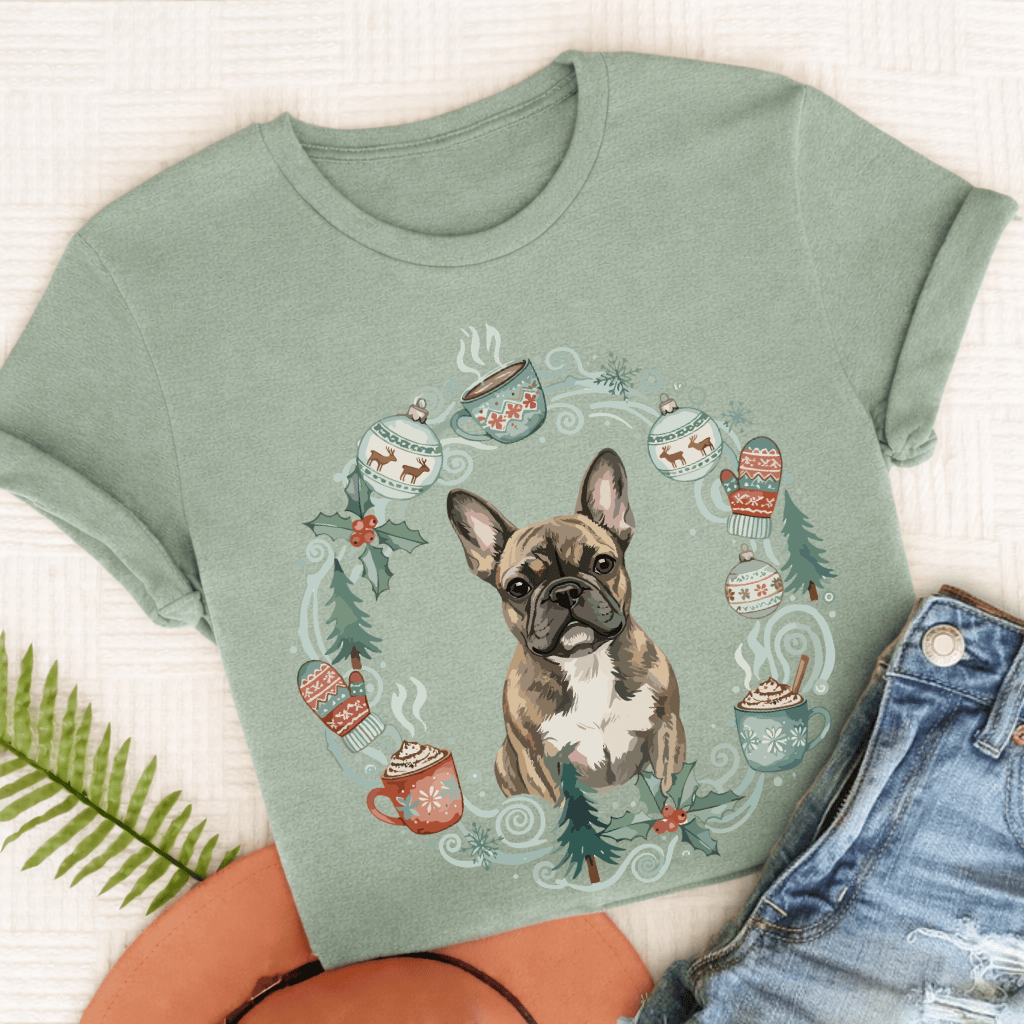 Personalizable Frenchie Christmas Wreath Tshirt Comfort Colors Bay