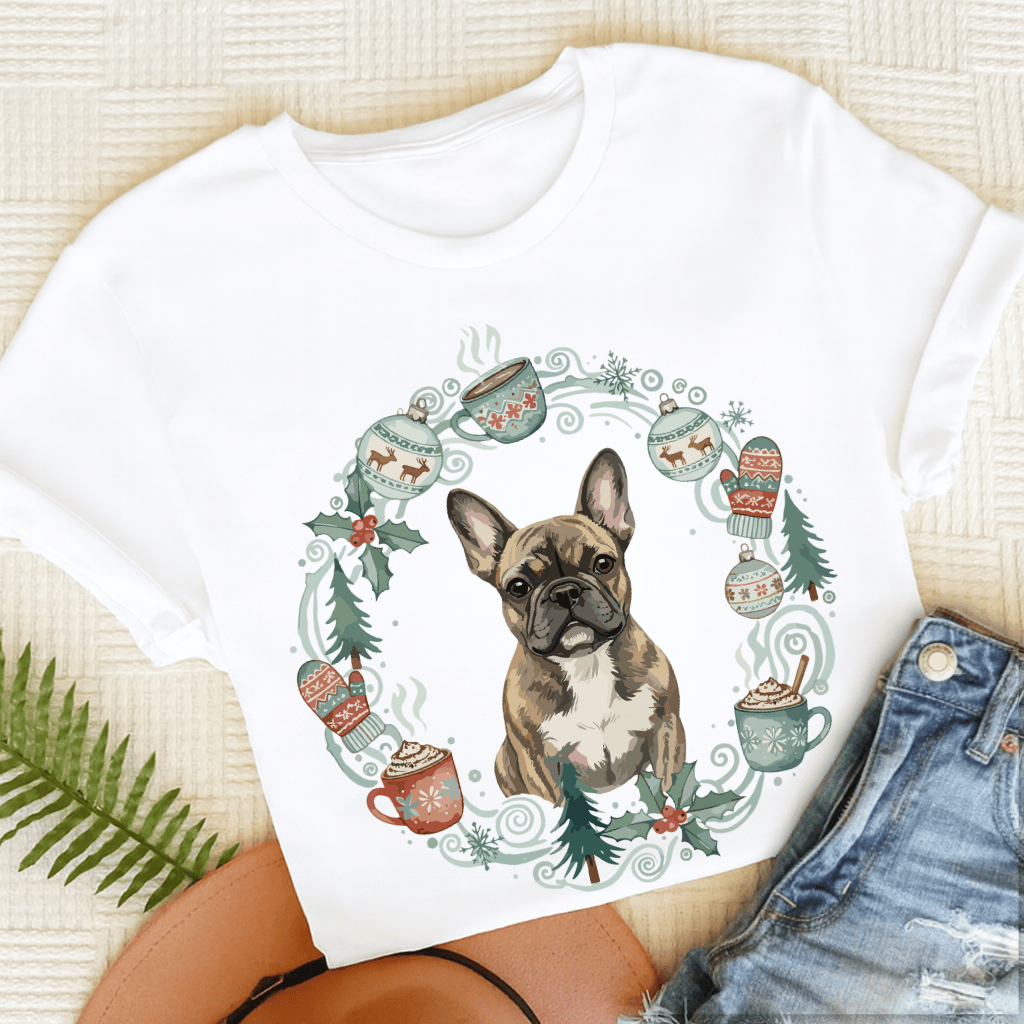 Personalizable Frenchie Christmas Wreath Tshirt White