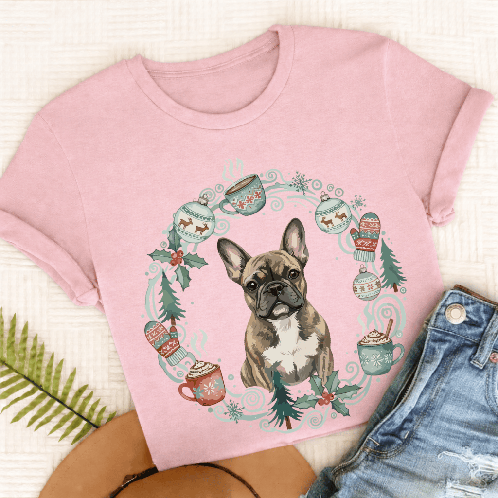 Personalizable Frenchie Christmas Wreath Tshirt Comfort Colors Blossom