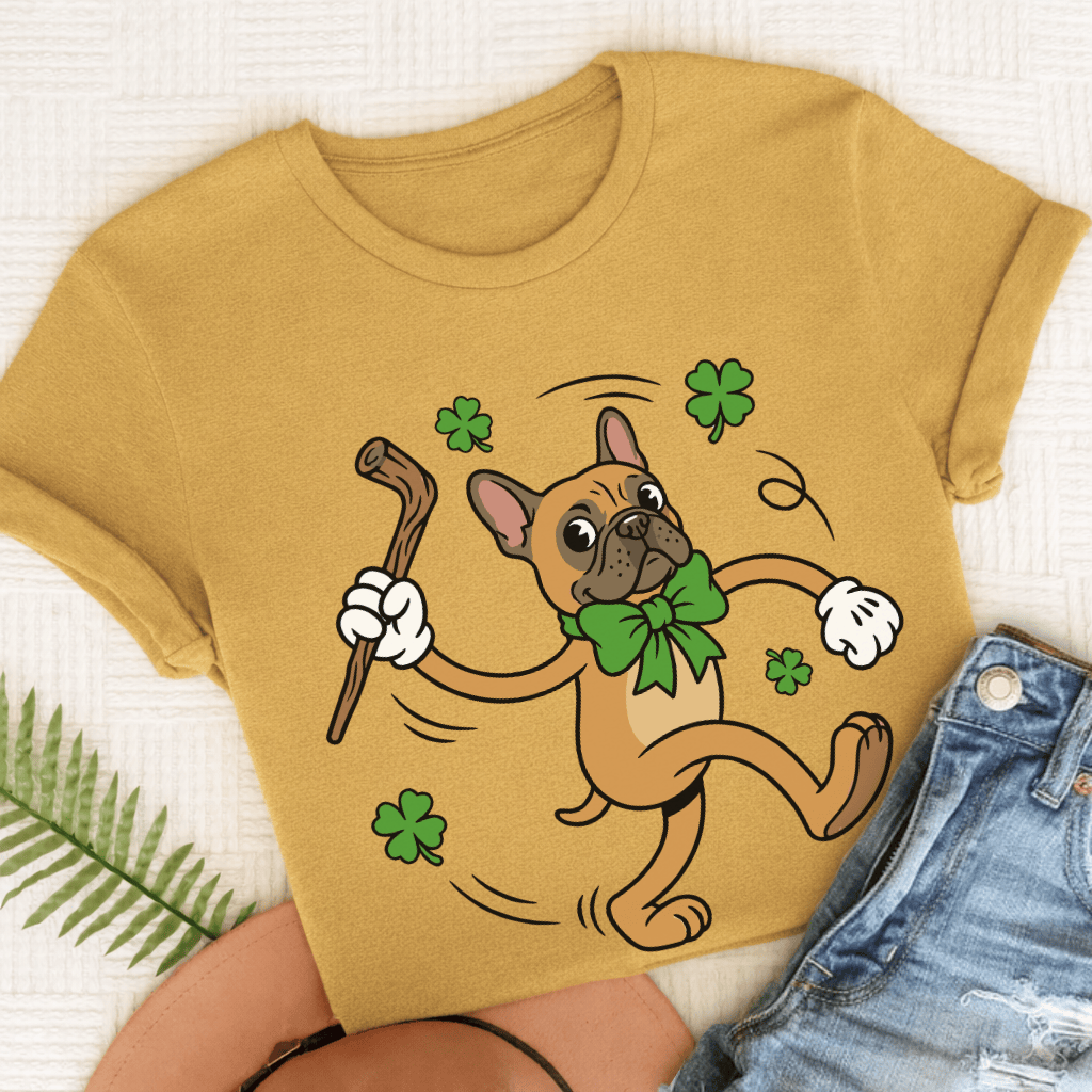 Personalizable Frenchie Lucky Pup St Patricks Unisex TShirt Comfort Colors Mustard