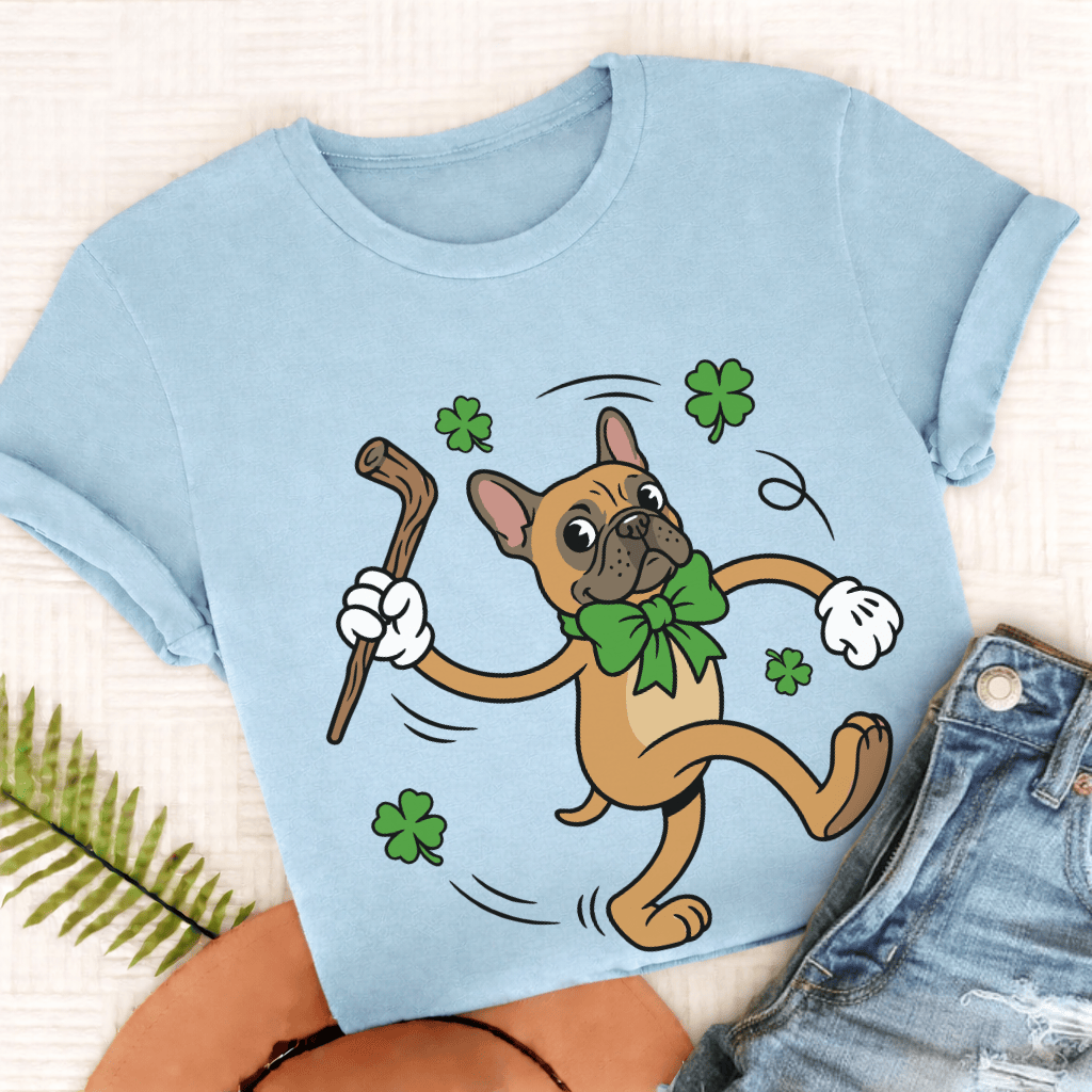 Personalizable Frenchie Lucky Pup St Patricks Unisex TShirt Comfort Colors Chambray