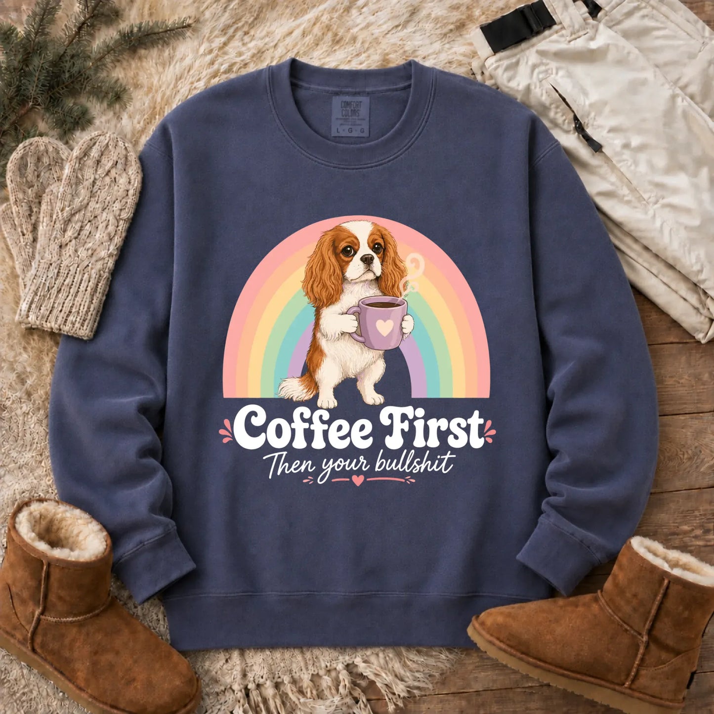 Sweatshirt Denim / S Personalized Cavalier Coffee First Unisex Sweatshirt