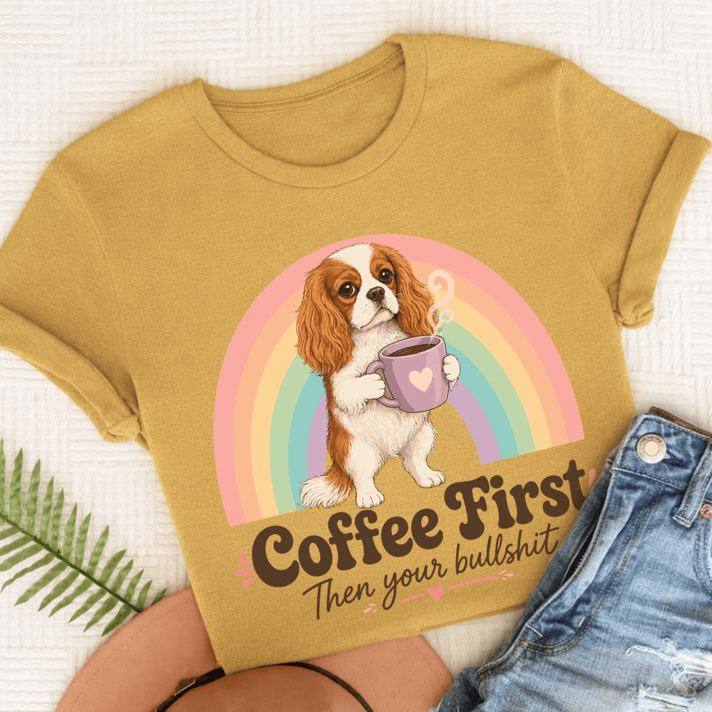 Personalized Cavalier Coffee First Unisex TShirt Comfort Colors Mustard