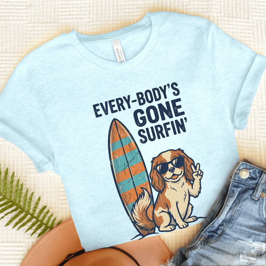 Personalized Cavalier Surfing Unisex Tshirt Heather Ice Blue