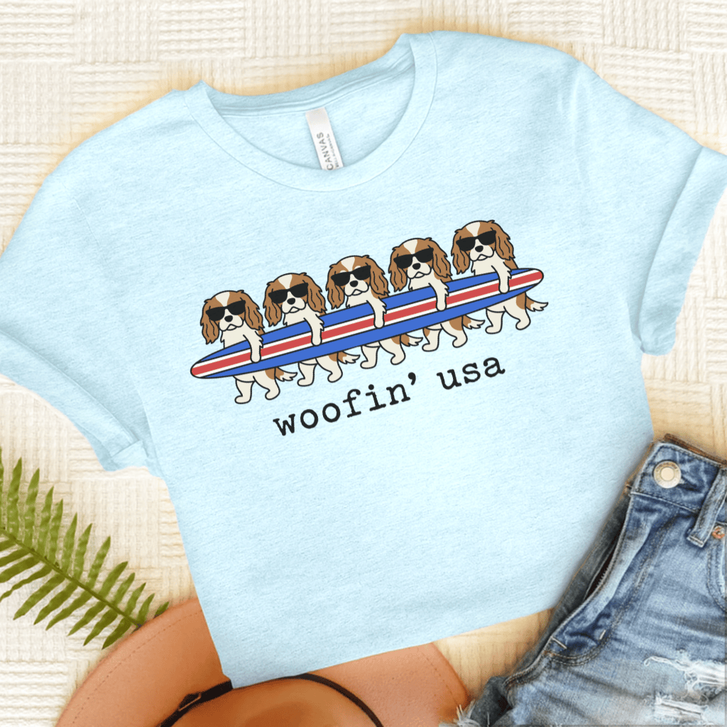 Personalized Cavalier Surfing USA Unisex Tshirt Heather Ice Blue