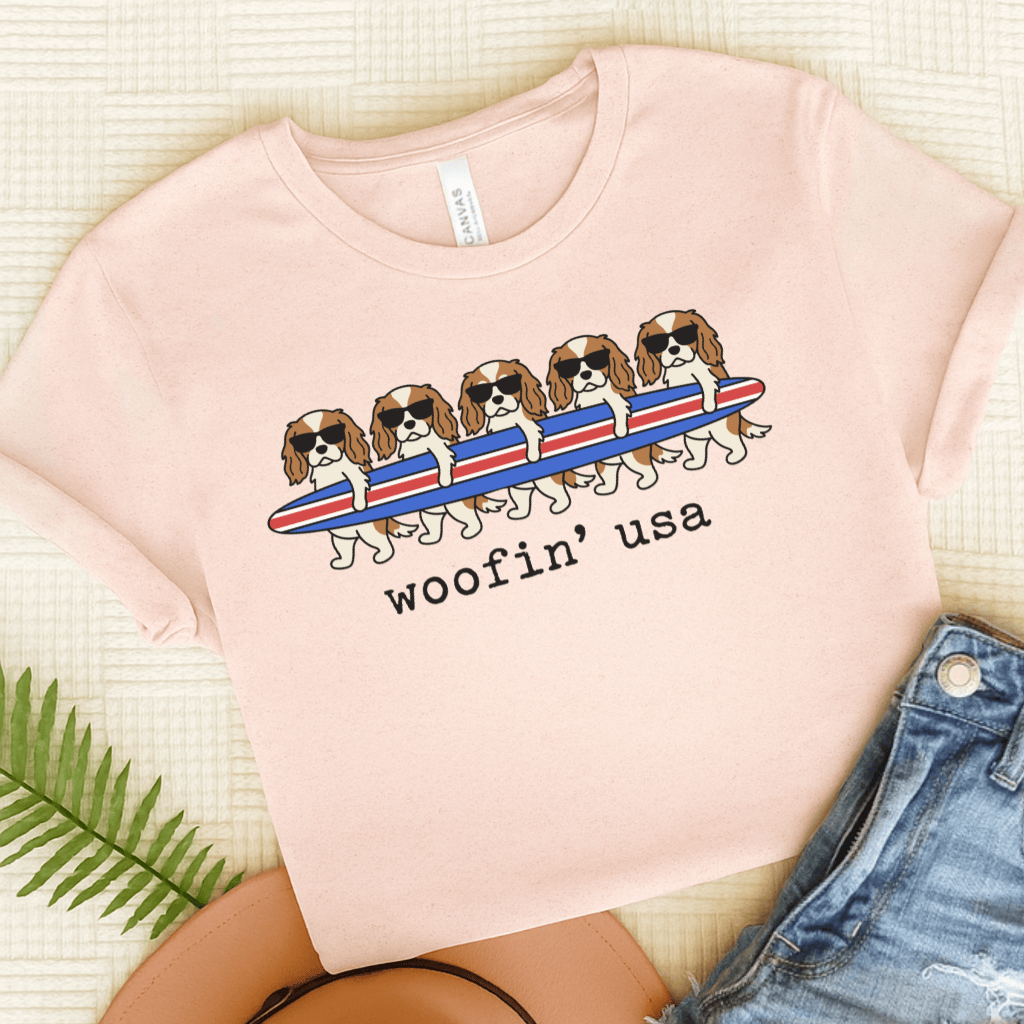 Personalized Cavalier Surfing USA Unisex Tshirt Soft Pink