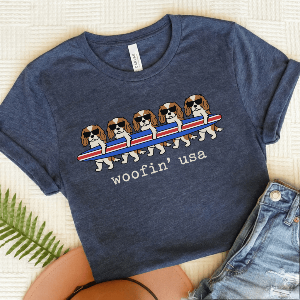Personalized Cavalier Surfing USA Unisex Tshirt Heather Navy