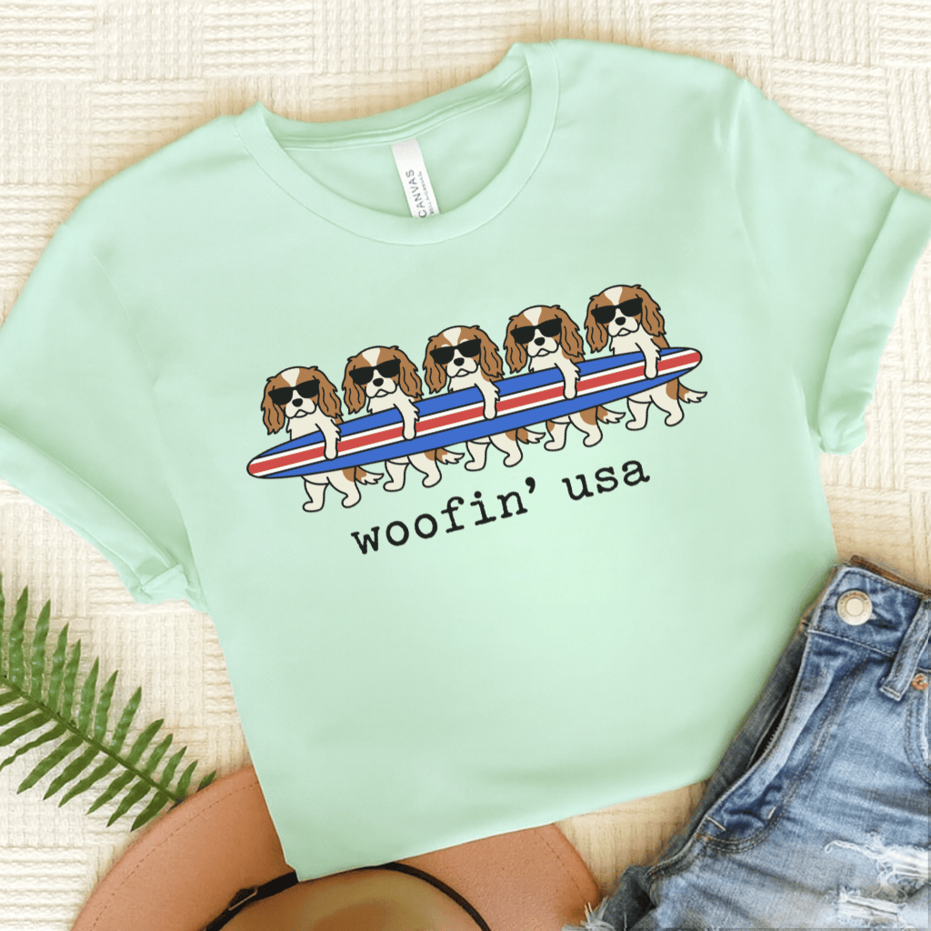 Personalized Cavalier Surfing USA Unisex Tshirt Heather Mint