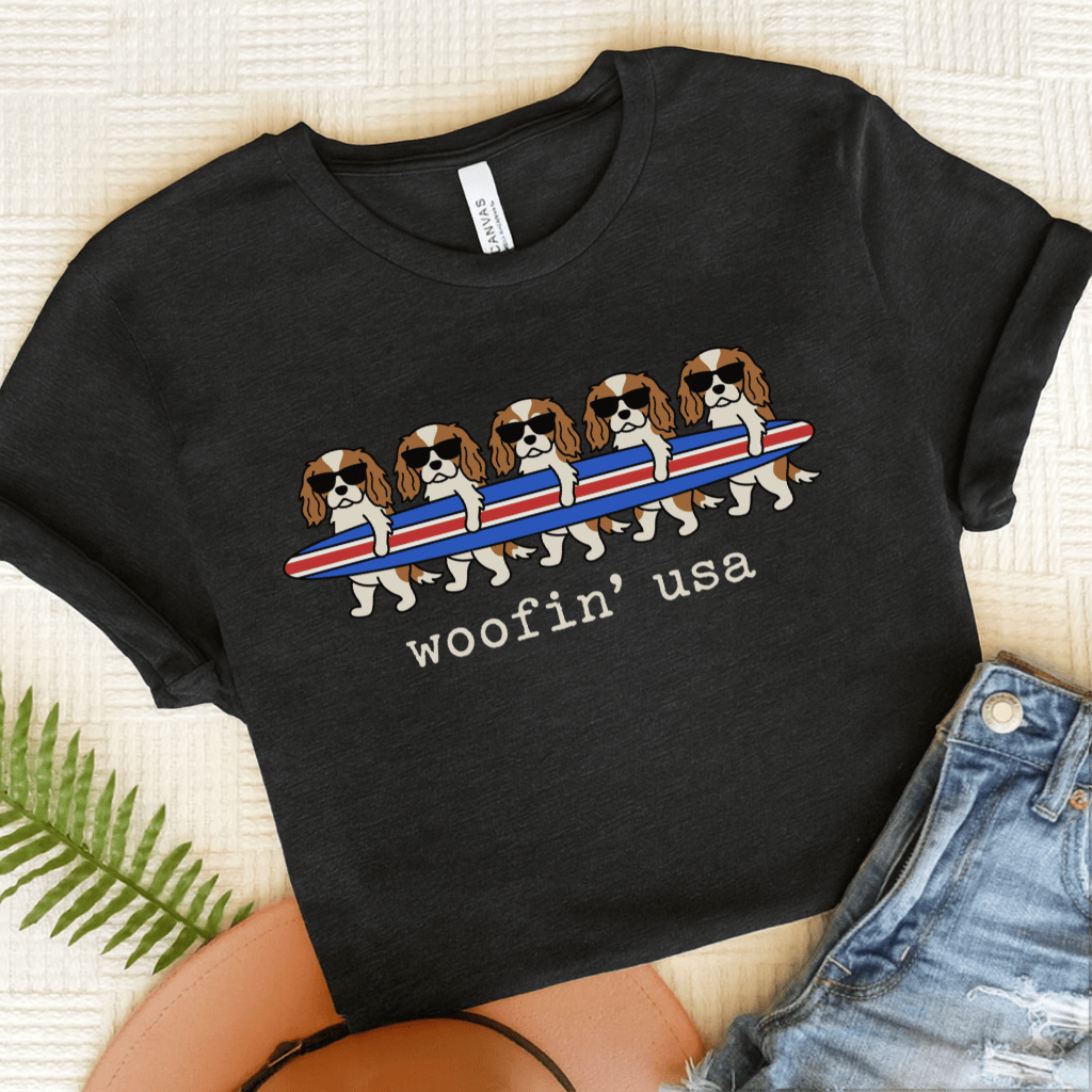 Personalized Cavalier Surfing USA Unisex Tshirt Dark Grey Heather