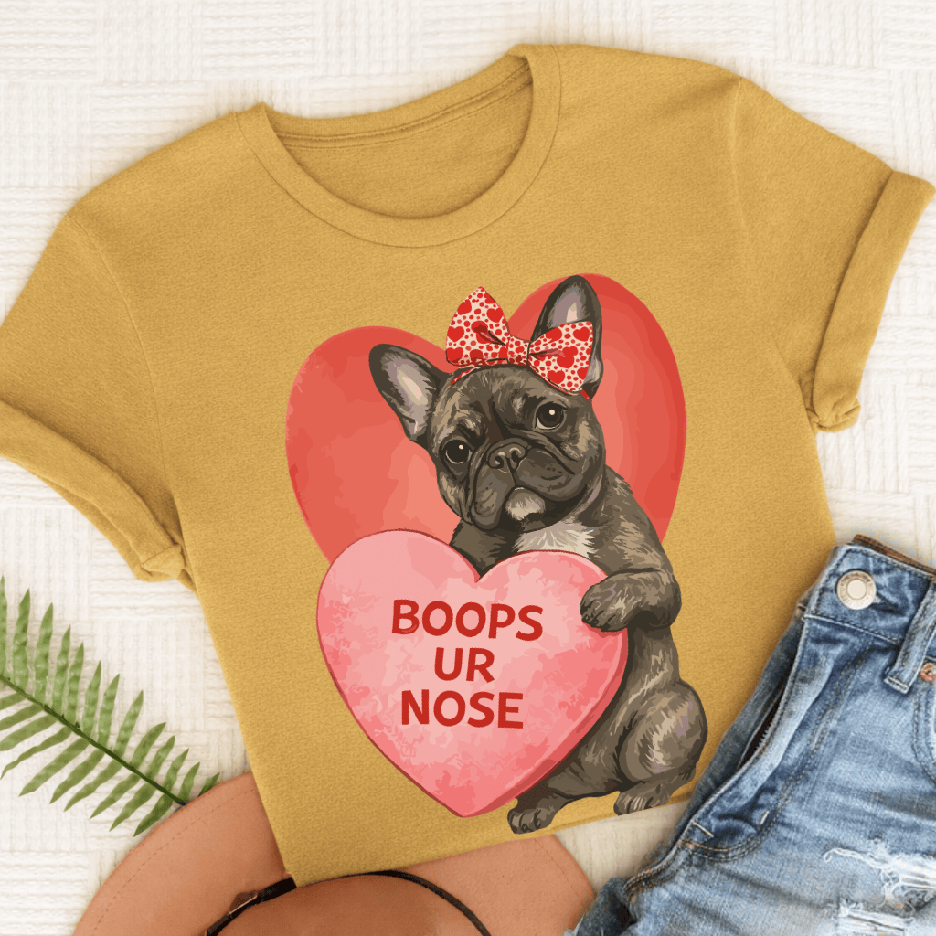 Personalized Frenchie Boops Valentine Unisex Tshirt Comfort Colors Mustard