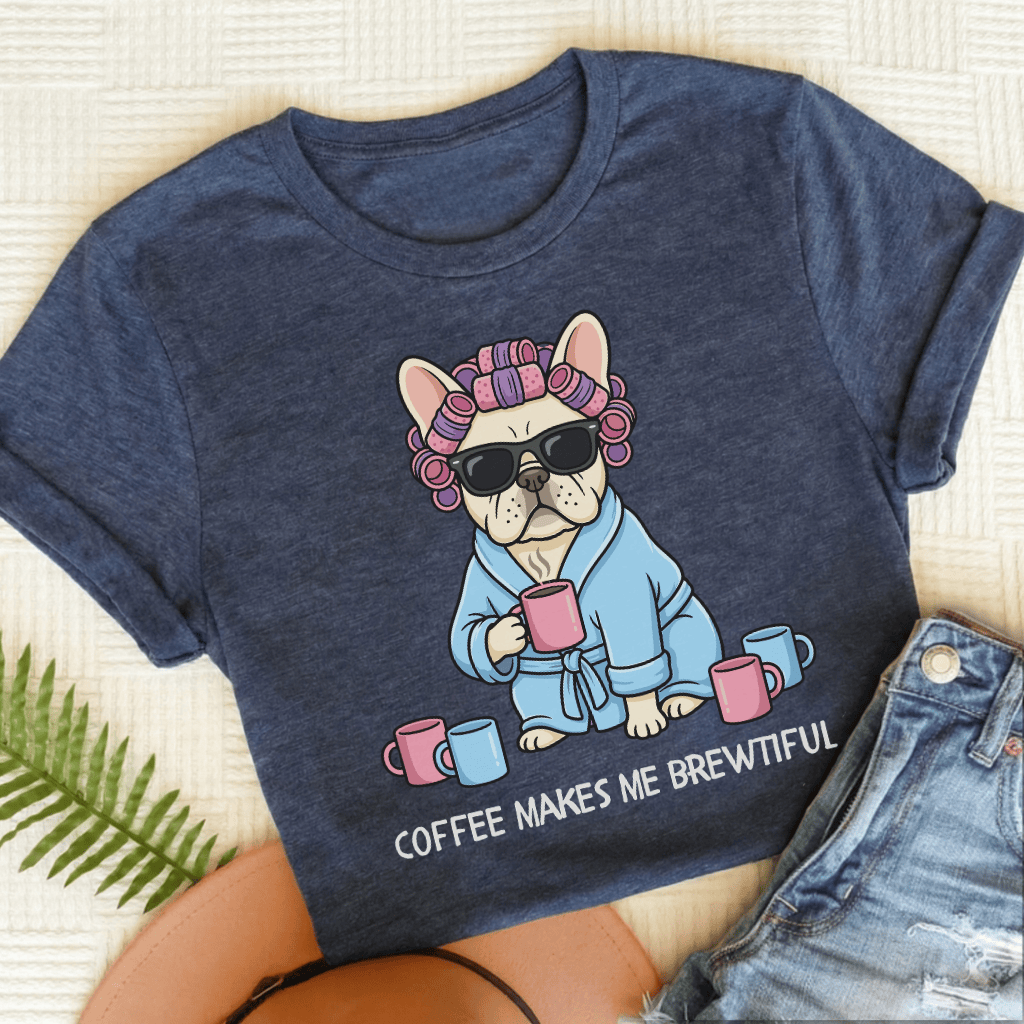 Personalized Frenchie Brewtiful Coffee Unisex TShirt Heather Navy