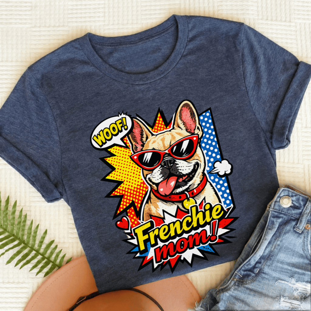 Personalized Frenchie Comic Book Mom Unisex TShirt Heather Navy