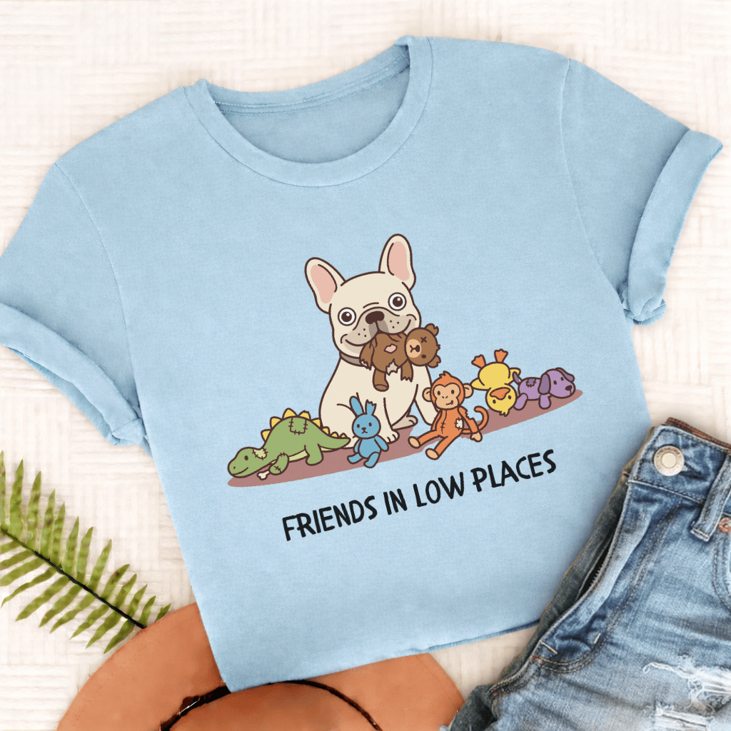 Personalized Frenchie Friends Low Places Unisex TShirt Comfort Colors Chambray