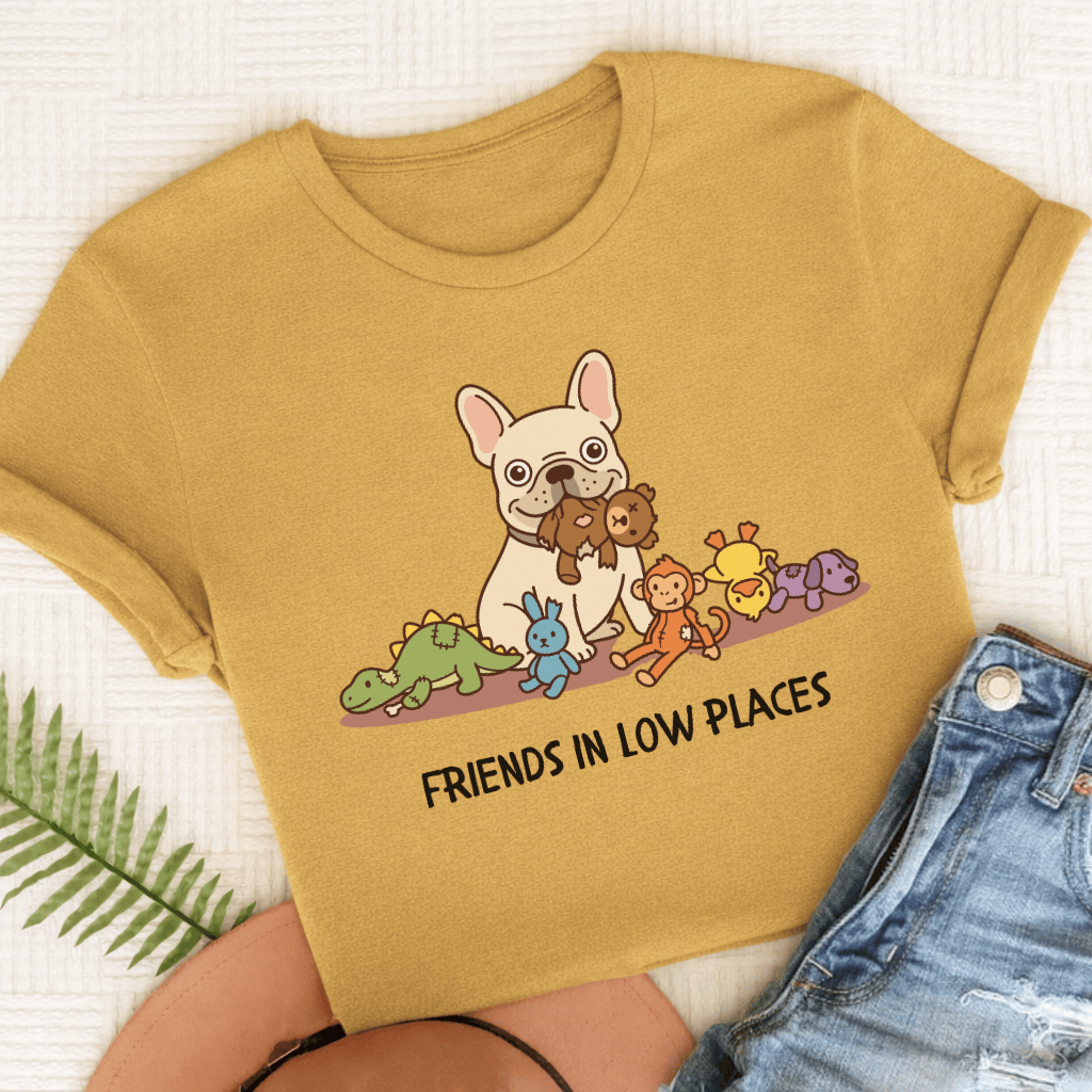 Personalized Frenchie Friends Low Places Unisex TShirt Comfort Colors Mustard