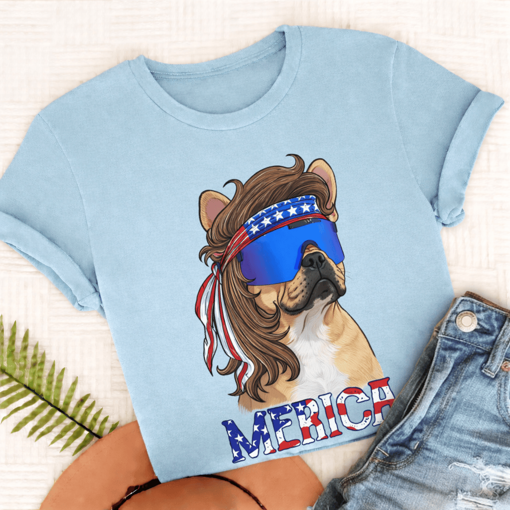 Personalized Frenchie Funny Merica Unisex Tshirt Comfort Colors Chambray