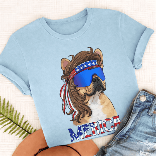 Personalized Frenchie Funny Merica Unisex Tshirt Comfort Colors Chambray