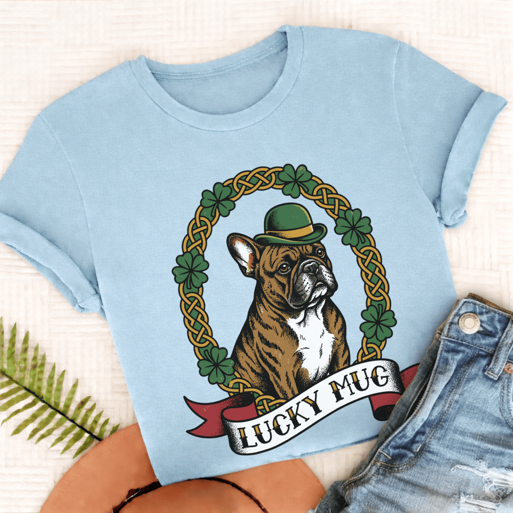 Personalized Frenchie Lucky St Paticks Unisex TShirt Comfort Colors Chambray